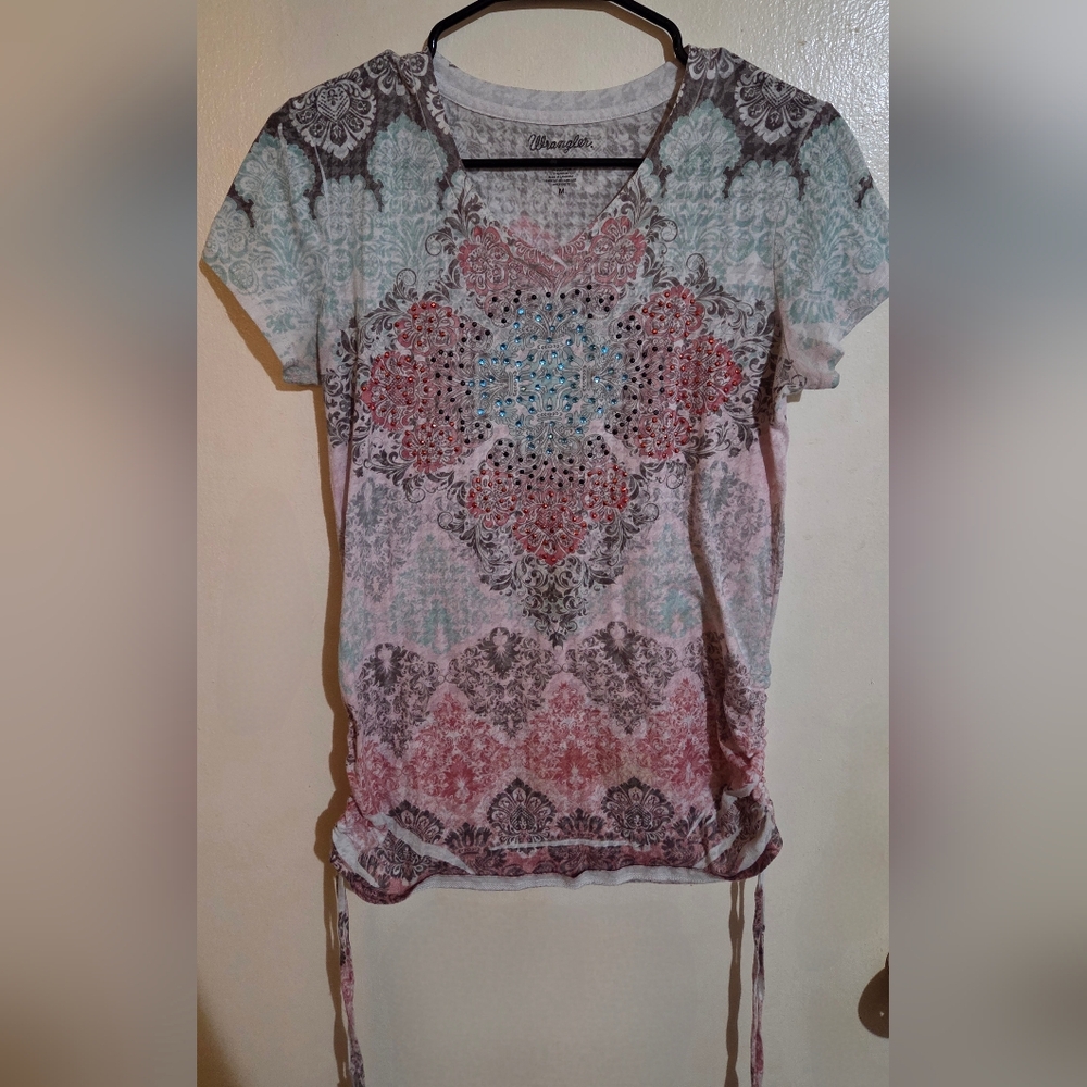 Wrangler Womens Y2K Bling Colorful Rhinestone Boho Style Sinched Top Size M